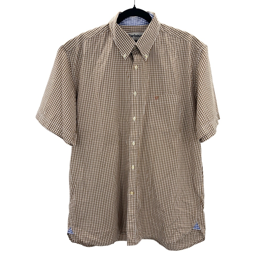 Barbour Kendal Short Sleeve Button Down Shirt Mens L Brown Gingham Casual NWOT